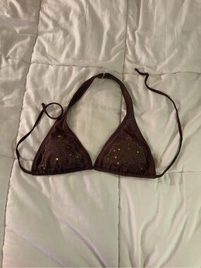 Brown Embroidered Triangle Bikini Top
